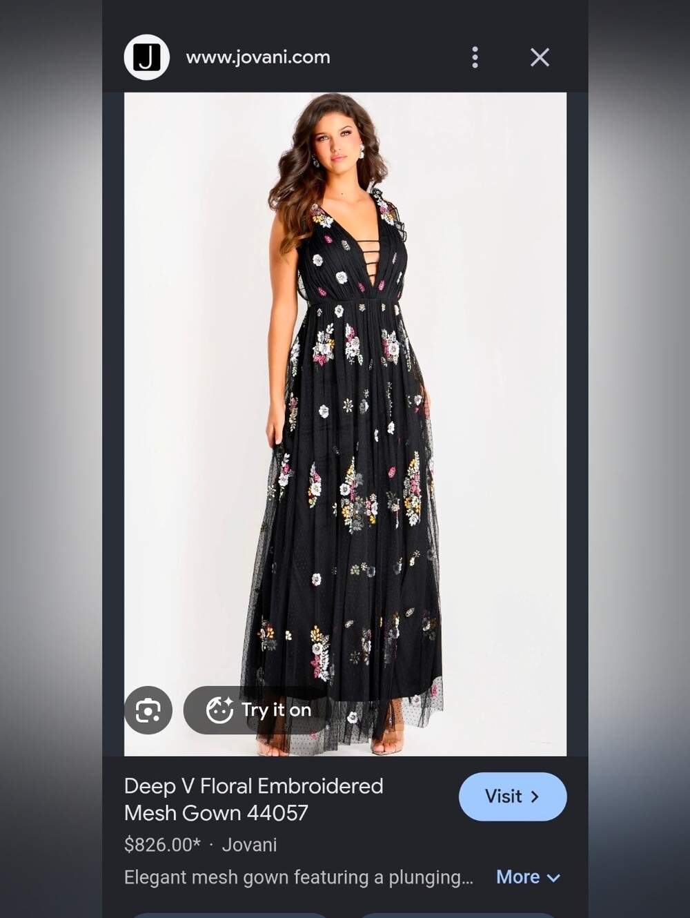 SZ 12- Jovani Black Floral Embroidered Mesh Gown 44057A